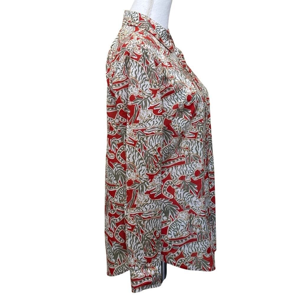 Talbots red/gray tiger button front top, medium, bright, safari, whimsical - Picture 3 of 6